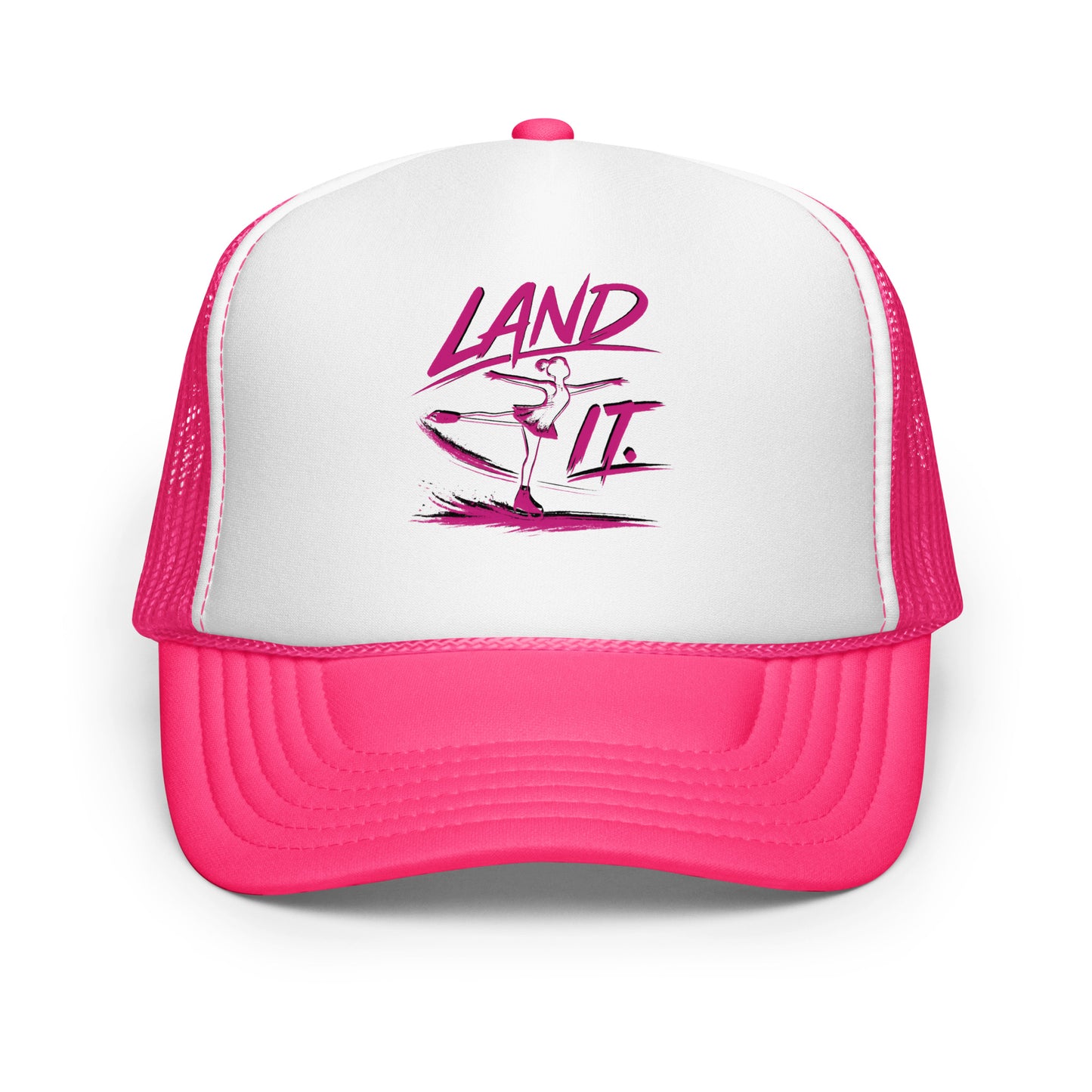 Land It Figure Skating Trucker Hat Hot Pink White Hot Pink