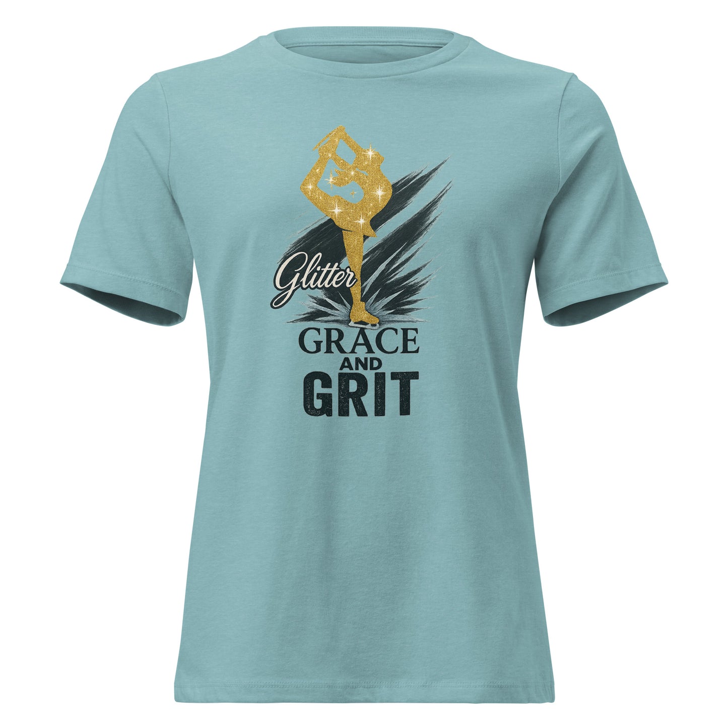 Women's Glitter, Grace & Grit Figure Skating T-Shirt Heather Blue Lagoon